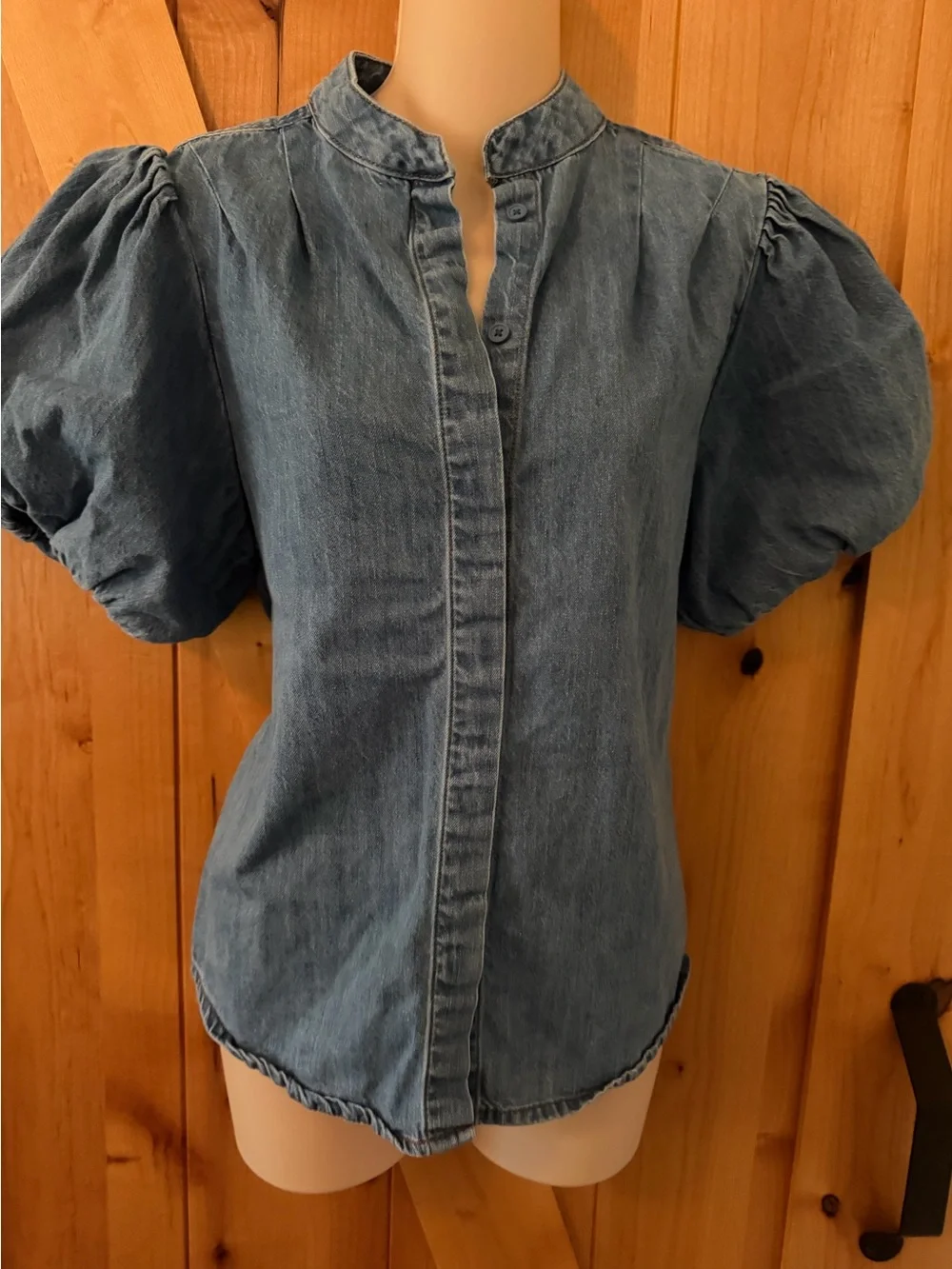 Denim Chambray Puff Sleeve Button Up Prairie Blouse Cottagecore Top - Picture 2 of 12